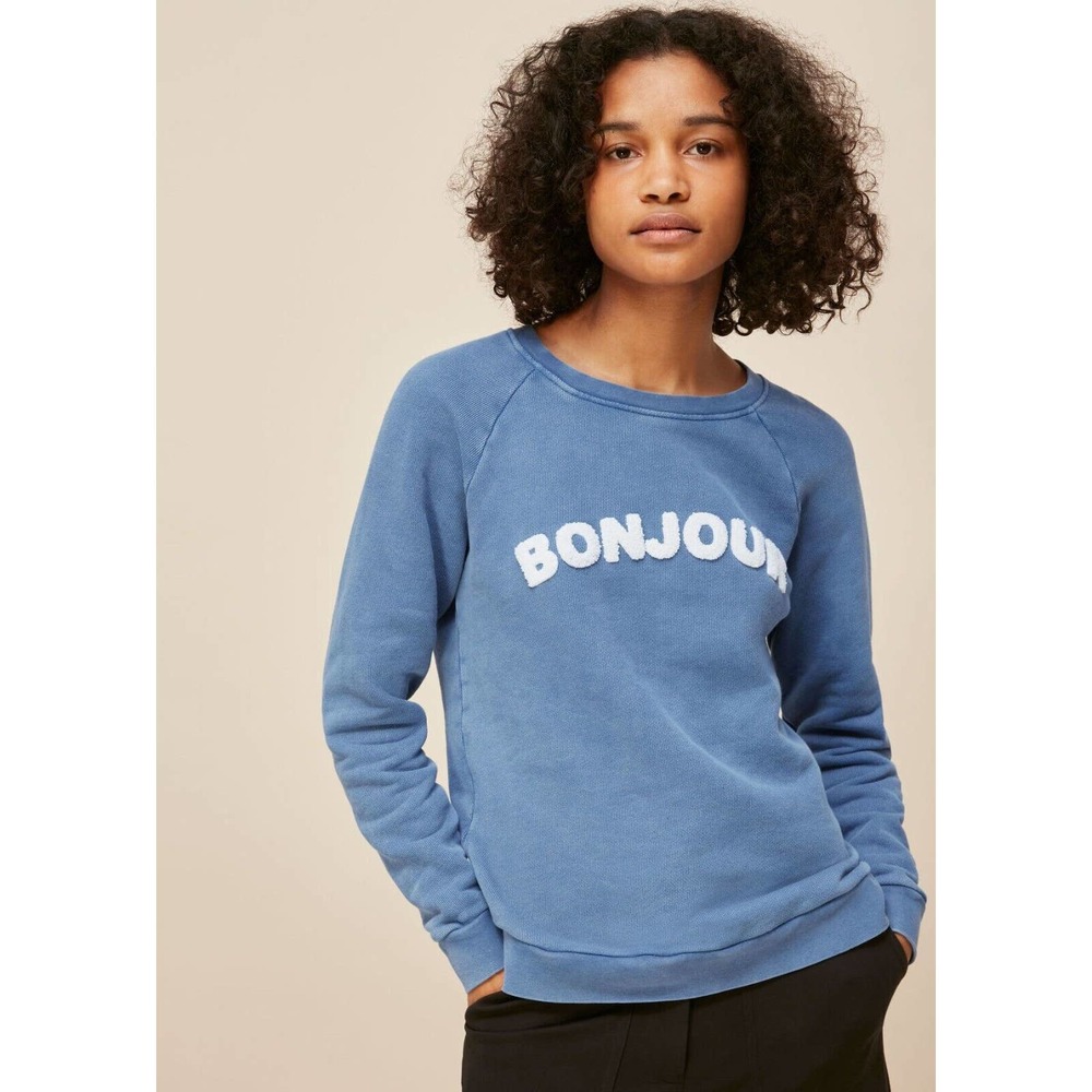 Whistles Women's Bonjour Logo Sweatshirt XS Blue Cotton Crew Neck Long‎ Sleeve